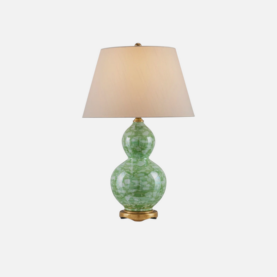 Citrine Home Eau De Nil lamp featuring a green marbled gourd-shaped glass base and a classic beige fabric shade.