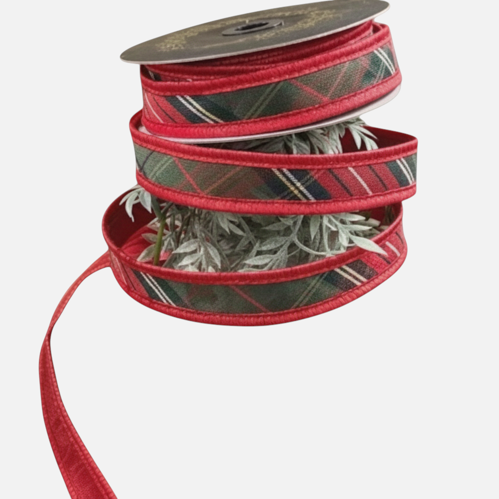 Citrine Home Traditions plaid ribbon with metallic red edges, 1 inch wide, perfect for holiday gift wrapping.