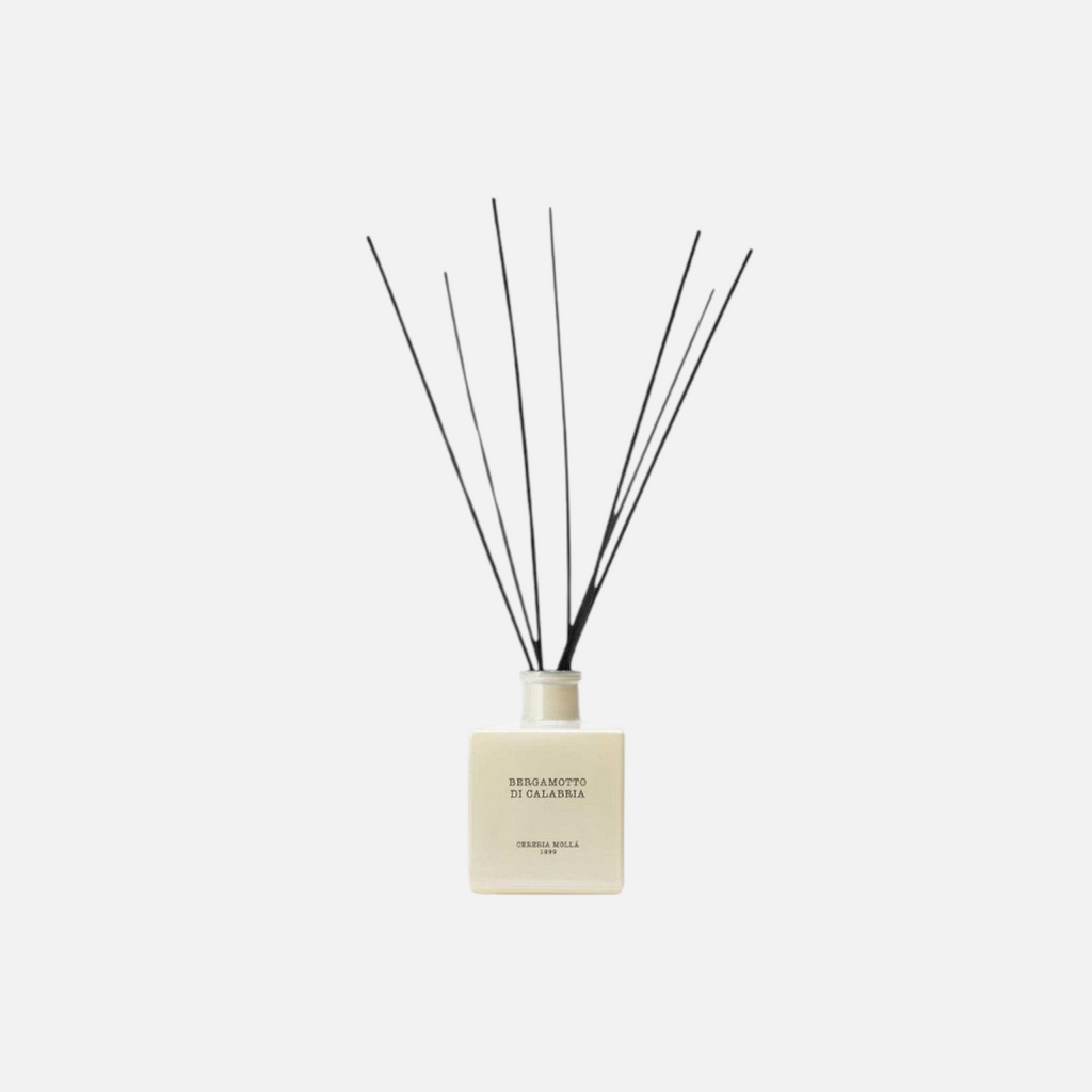 Citrine Home Bergamotto di Calabria reed diffuser in a square glass bottle with black reeds on a light background