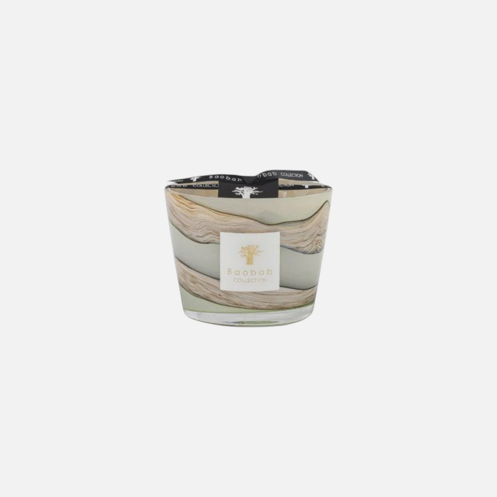 Citrine Home Sand Sonora scented candle in hand-blown glass with celadon green and blue-gray swirling patterns