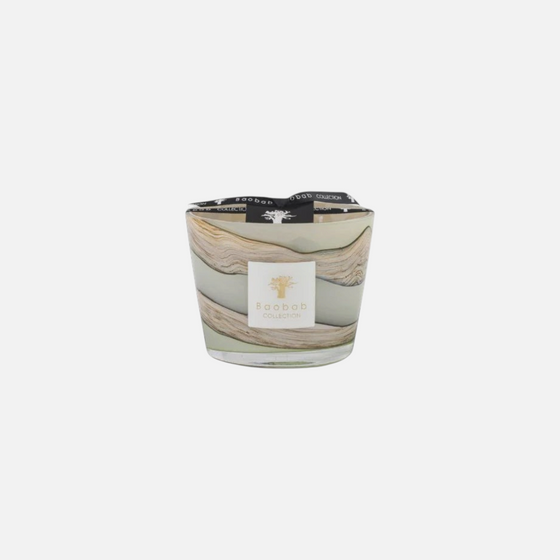 Citrine Home Sand Sonora scented candle in hand-blown glass with celadon green and blue-gray swirling patterns