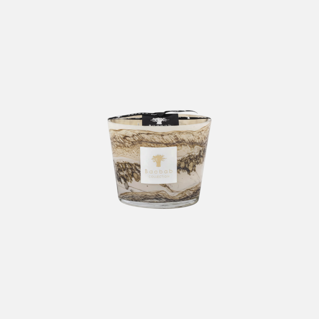 Citrine Home Sand Siloli hand-blown glass candle with beige and brown horizontal lines and organic speckle details.
