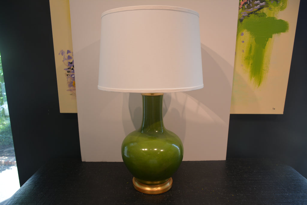 Green Crackle Glaze Porcelain Bottle Lamp w/Gilt Base