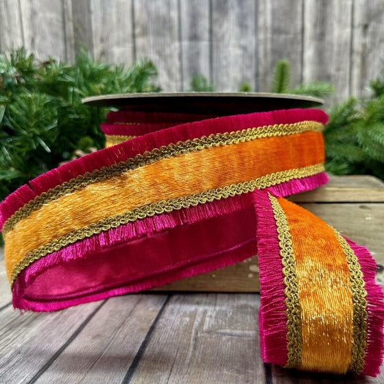 Orange Velvet with Hot Pink Fringe, 2.25"