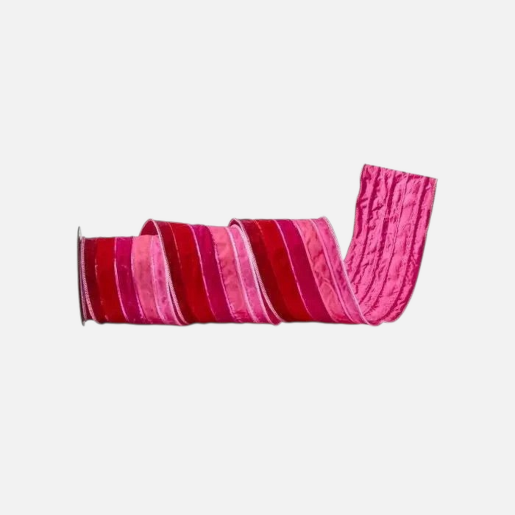 Citrine Home 4-inch wide pink ombre velvet ribbon with wired edges for decorative gift wrapping and crafts.