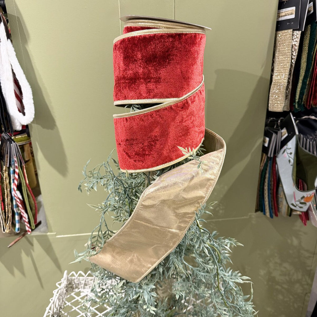 Red Velvet Ribbon w/Gold Dupion Piping - 4"