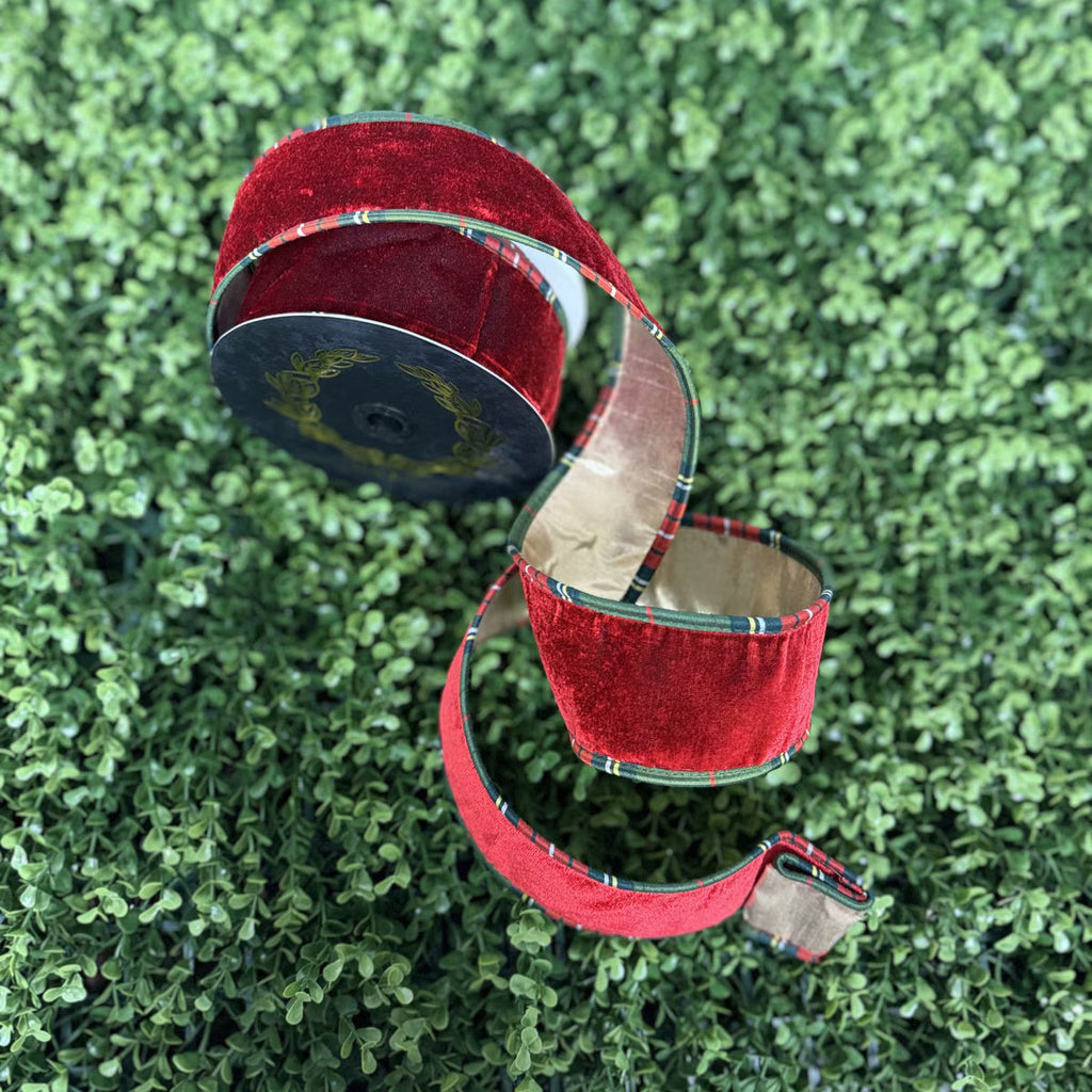 Burgundy Velvet Ribbon w/Plaid Trim - 2.5"