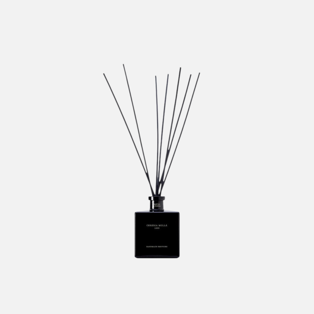 Citrine Home Santa & Tonka 16.9 oz reed diffuser in a sleek black glass bottle with black reeds