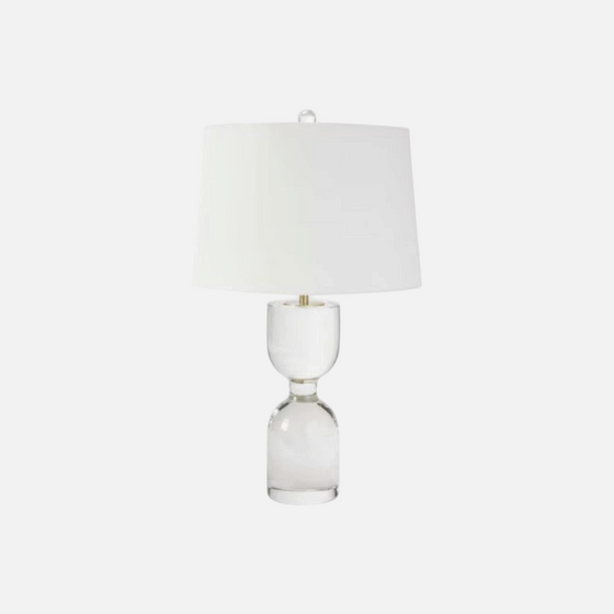 Citrine Home Joan large table lamp featuring a clear crystal hourglass base and a classic white drum shade.