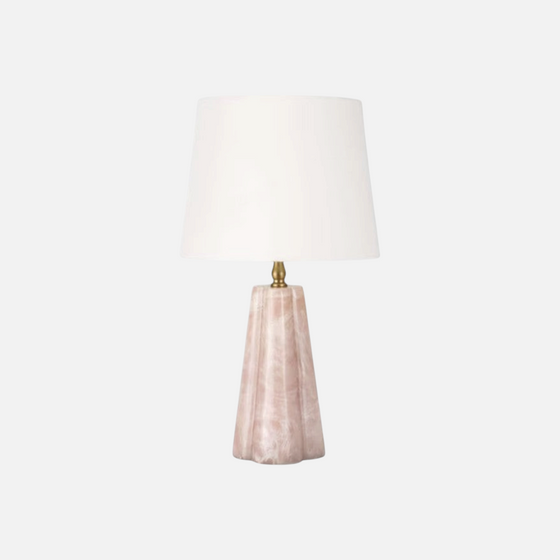 Citrine Home Joelle mini lamp with a fluted blush pink resin base and a classic white tapered fabric shade.