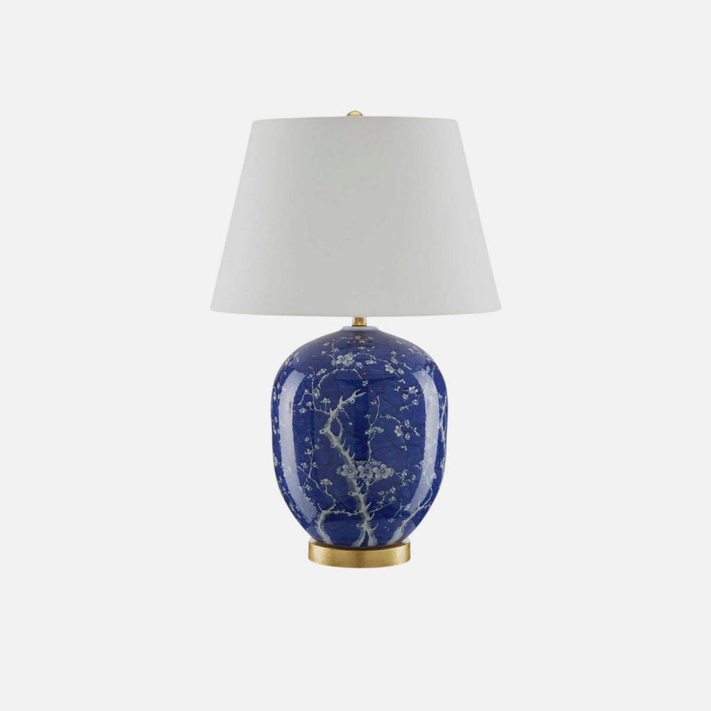 Citrine Home Sakura blue ceramic table lamp with white cherry blossom pattern and a classic white fabric drum shade