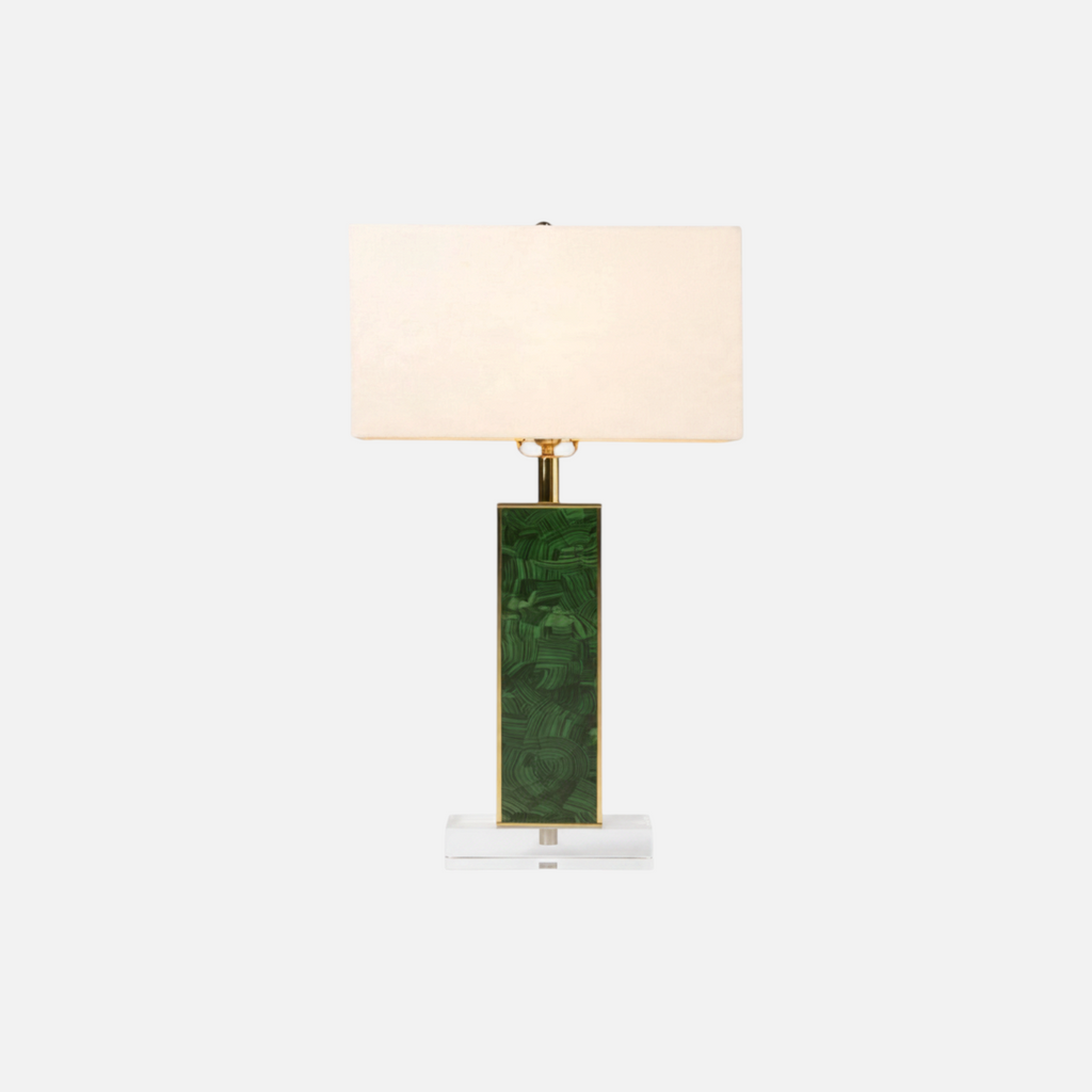 Citrine Home Denton rectangular table lamp with high gloss faux malachite base, brass trim, and white fabric shade.