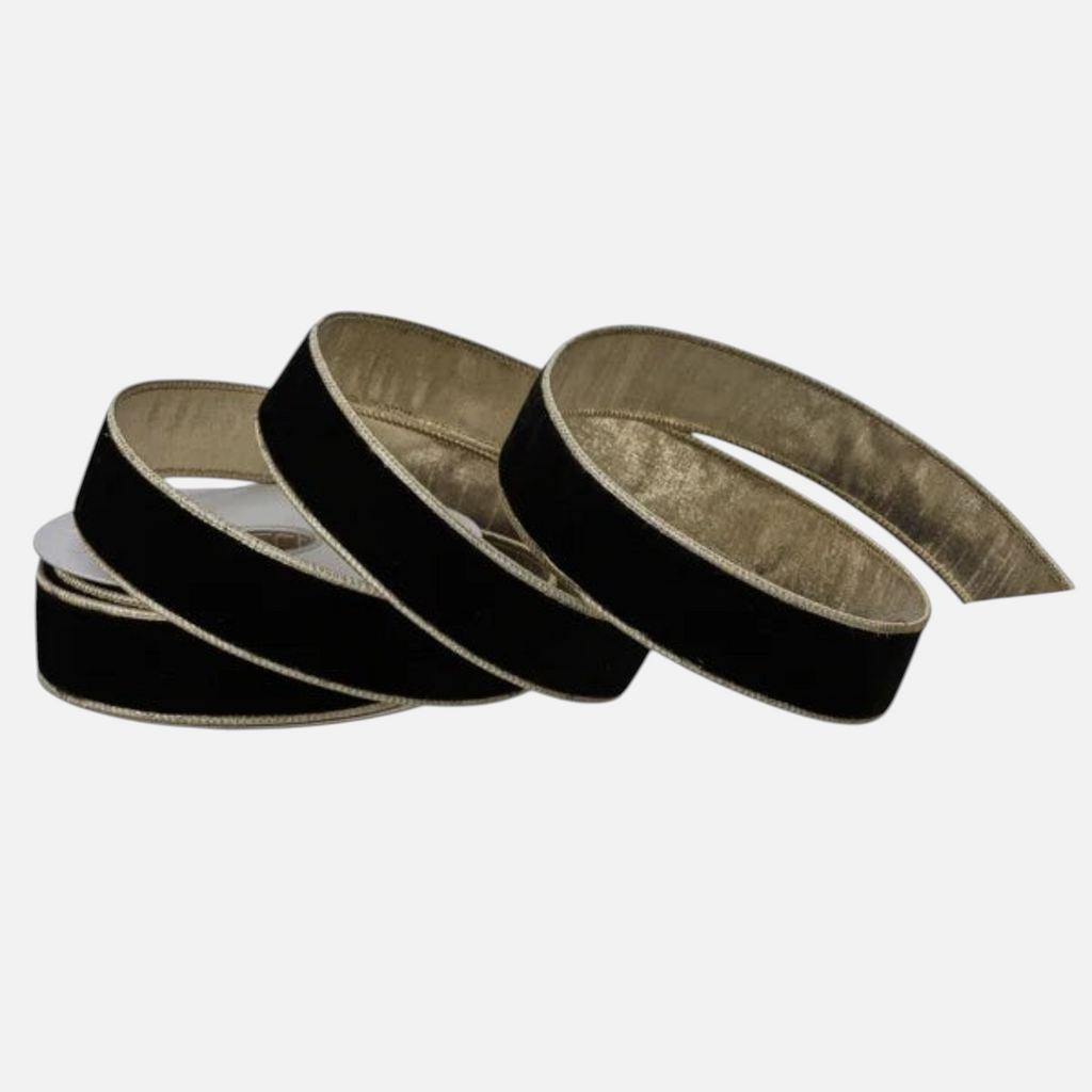 Citrine Home 1.5 inch black velvet ribbon with a metallic gold edge for decorative gift wrapping and crafts