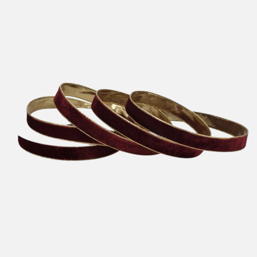 Citrine Home 1-inch burgundy velvet ribbon with a metallic gold wired edge for holiday gift wrapping and decor