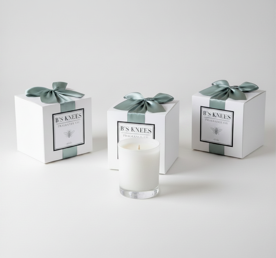 Citrine Home Aleja scented candle in a glass jar with three gift-boxed candles featuring sage green ribbon bows.