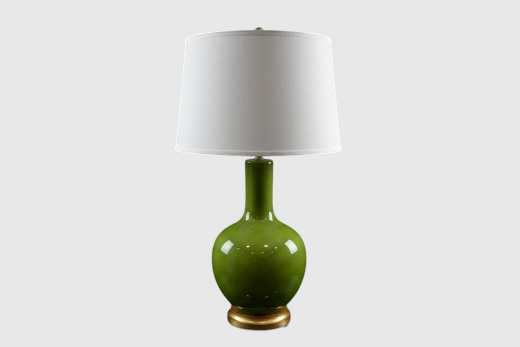 Citrine Home vintage apple green crackle glaze porcelain bottle lamp with a gold gilt base and white drum shade.