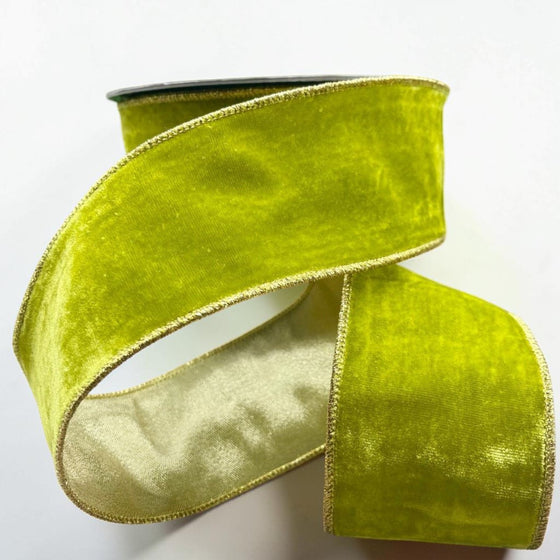 Citrine Home 4 inch wide apple green velvet ribbon with gold metallic edges on a spool