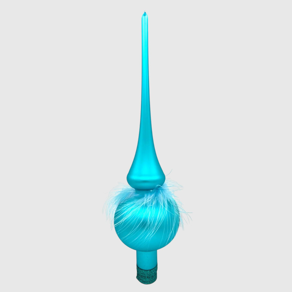 Citrine Home aqua glass finial ornament with hand-painted glitter and delicate feather accents, 32 cm tall.