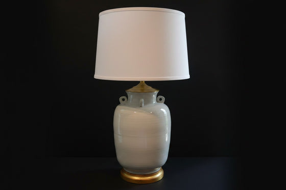 Citrine Home vintage white Blanc de Chine jar lamp with loop handles and a decorative gilt base