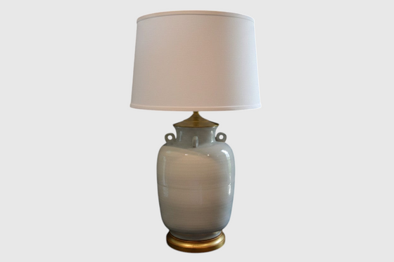 Citrine Home vintage Blanc de Chine jar lamp featuring a white glazed ceramic body, loop handles, and a gilt base.
