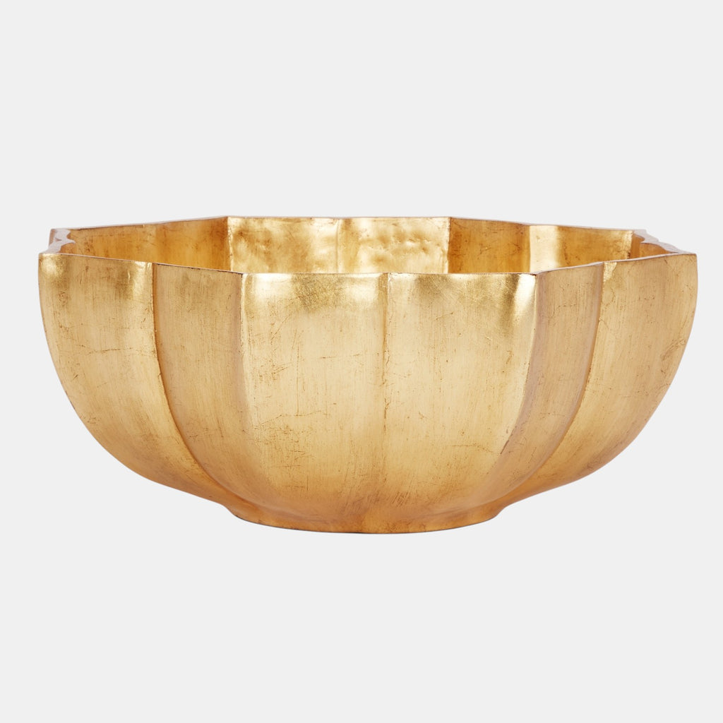 Citrine Home Breanne gold leaf bowl, 20" diameter, 8" H, with a faceted design and metallic finish.