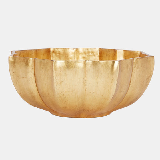 Citrine Home Breanne gold leaf bowl, 20" diameter, 8" H, with a faceted design and metallic finish.