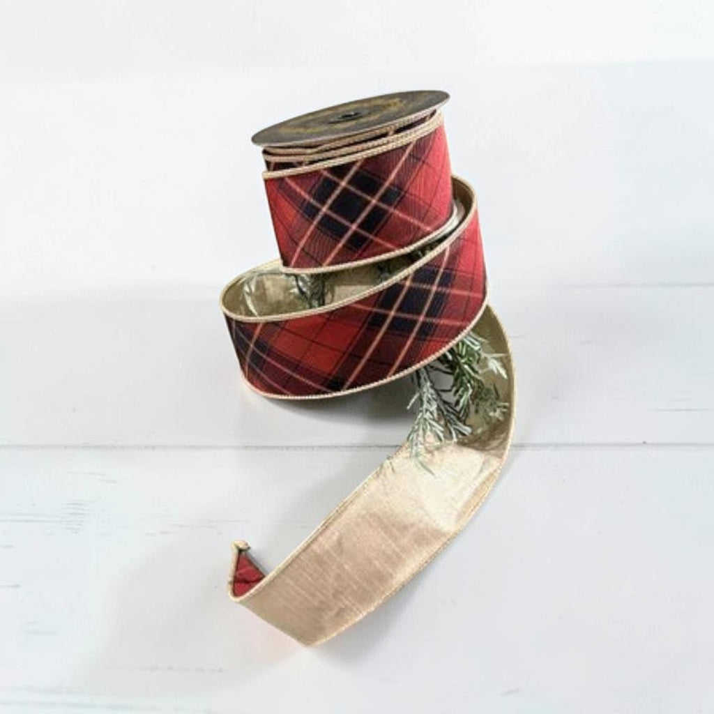 Citrine Home burgundy plaid ribbon with a metallic gold underside, 2.5 inches wide, ideal for holiday decor.