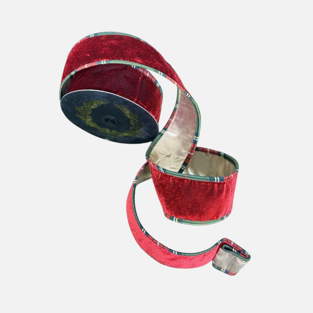 Citrine Home burgundy velvet ribbon featuring a decorative plaid trim edge, 2.5 inches wide on a spool.