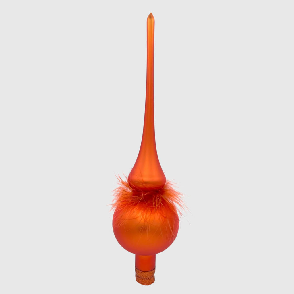 Citrine Home butterscotch glass finial ornament with hand-painted finish, glitter, and delicate feather accents.