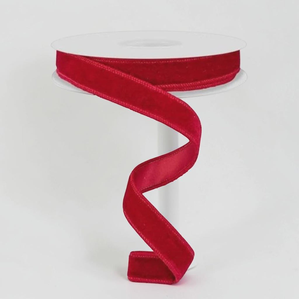 Citrine Home cranberry red deluxe velvet holiday ribbon on a spool for gift wrapping and seasonal decor.