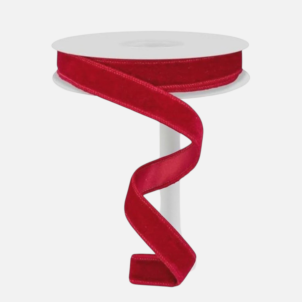 Citrine Home cranberry red deluxe velvet holiday ribbon on a spool for gift wrapping and seasonal decor.