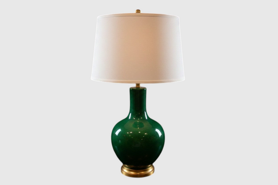 Citrine Home vintage emerald green porcelain table lamp with a crackle glaze finish and a round gilt base.