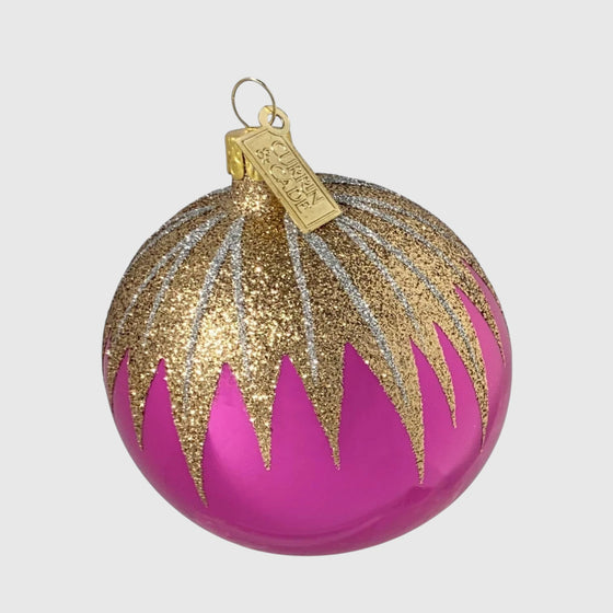Citrine Home fuchsia and gold glass ornament with hand-painted glitter icicle details, 8 cm size.