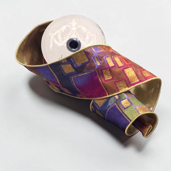 Citrine Home 4-inch wide fuchsia and orange ribbon with a modern gold square pattern and metallic gold backing