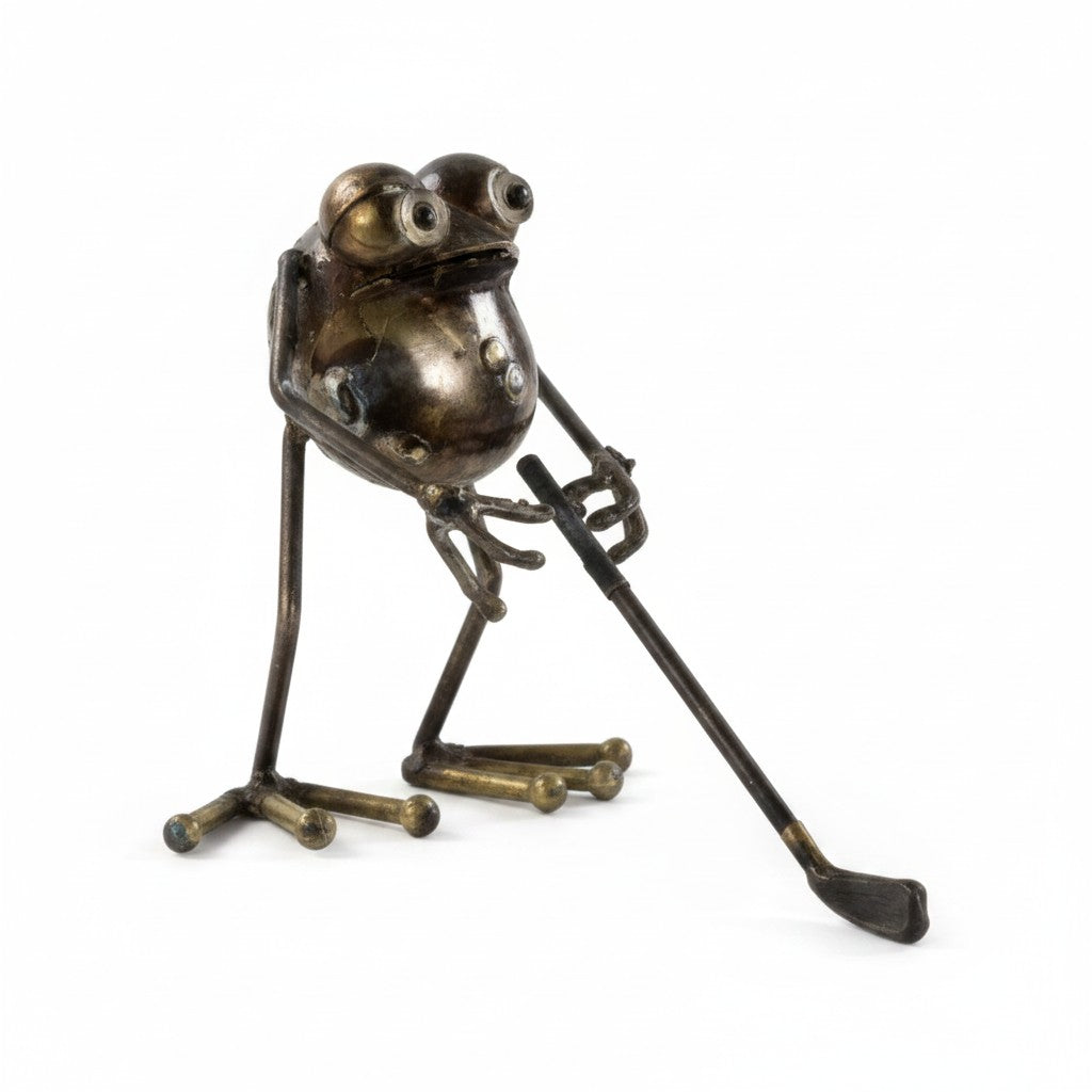 Citrine Home GBG golfer metal frog sculpture, 6-inch tall whimsical bronze-toned figurine holding a golf club.