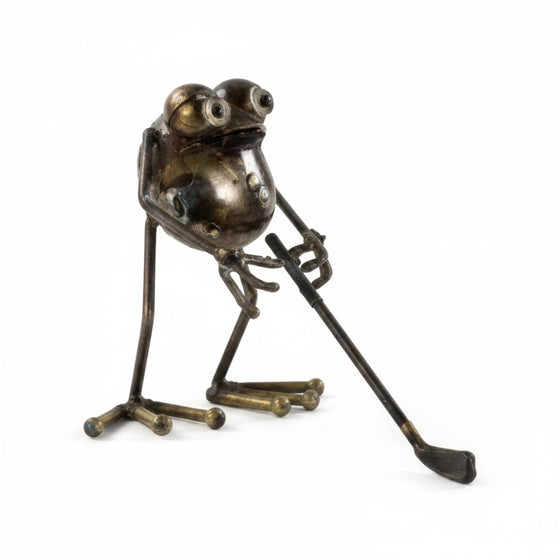 Citrine Home GBG golfer metal frog sculpture, 6-inch tall whimsical bronze-toned figurine holding a golf club.