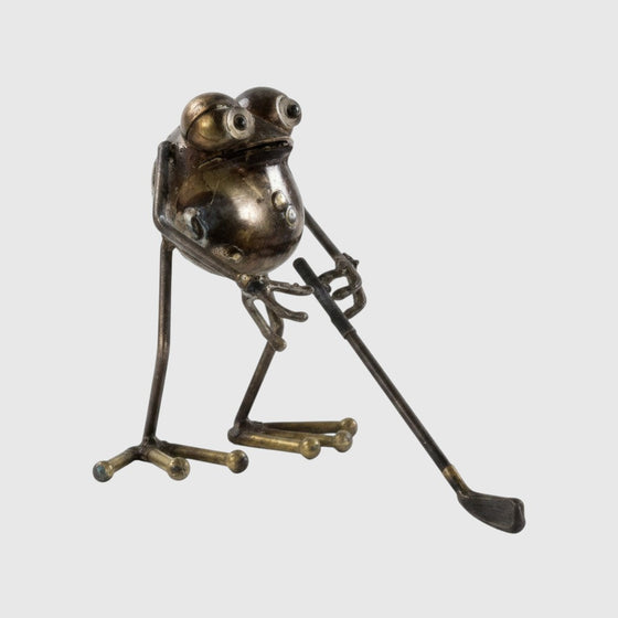 Citrine Home GBG golfer metal frog sculpture, 6-inch tall whimsical bronze-toned figurine holding a golf club.