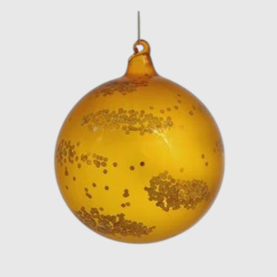Citrine Home 120 mm gold glass Christmas ornament featuring delicate gold sequin accents on a translucent amber sphere.