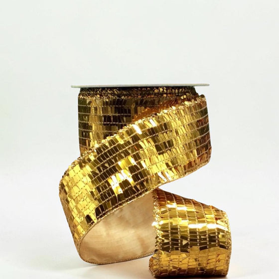 Citrine Home 2.5 inch wide gold sequin ribbon on a spool for decorative gift wrapping and holiday crafts