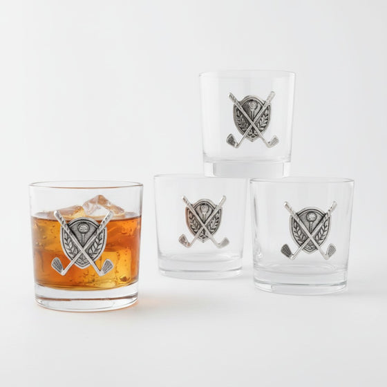 Citrine Home Golf Bar Glasses, set of 4, clear glass with metal golf emblem. Perfect for whiskey.