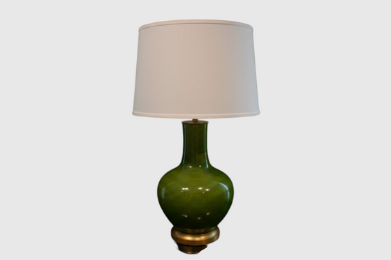 Citrine Home vintage green crackle glaze porcelain bottle lamp with a gold gilt base and white drum shade.