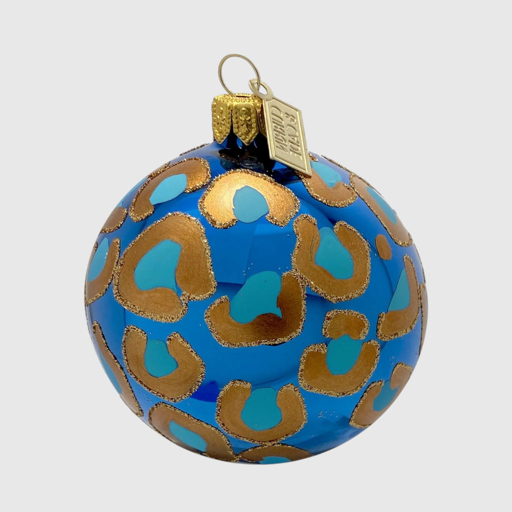 Citrine Home mouth-blown glass ornament in cornflower blue and aqua with gold glitter leopard print pattern.