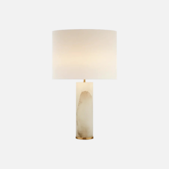 Citrine Home Lineham alabaster table lamp with a cylindrical stone base and a white drum shade