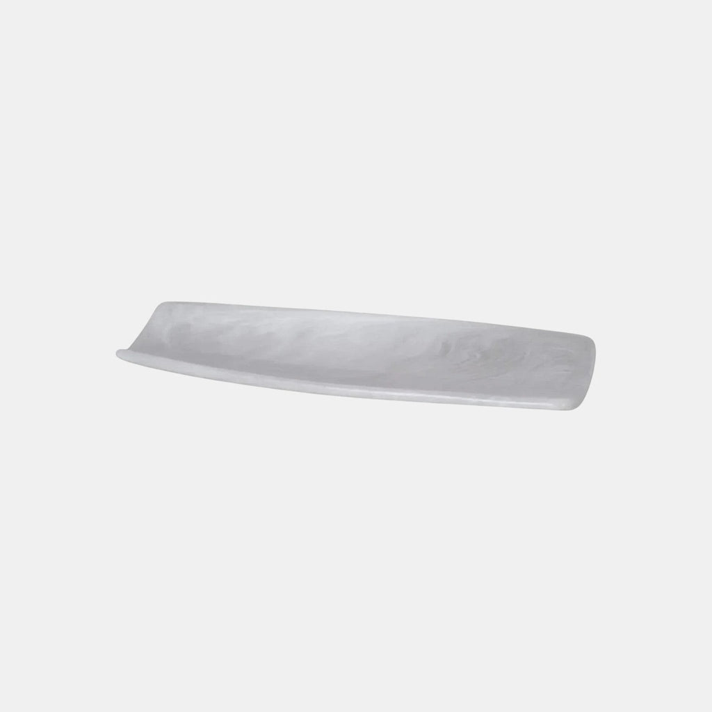 Citrine Home rectangular marble serving tray with raised edges and a swirled white pattern.