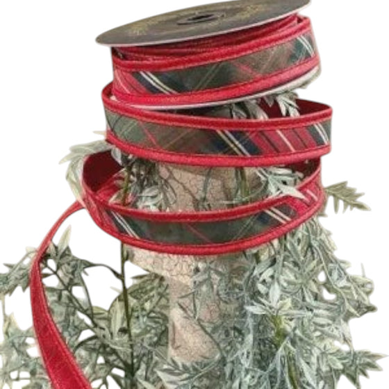 Citrine Home Traditions plaid ribbon featuring metallic red edges on a spool, perfect for holiday gift wrapping.