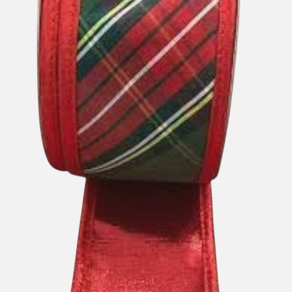 Citrine Home Traditions plaid ribbon with metallic red edges, 2.5 inches wide, perfect for holiday decor.