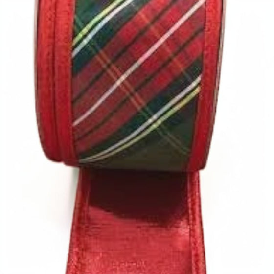 Citrine Home Traditions plaid ribbon with metallic red edges, 2.5 inches wide, perfect for holiday decor.