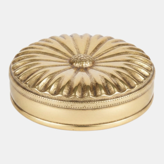 Citrine Home Pulsante brass box featuring a round shape with a decorative sunburst lid and beaded edge detail.