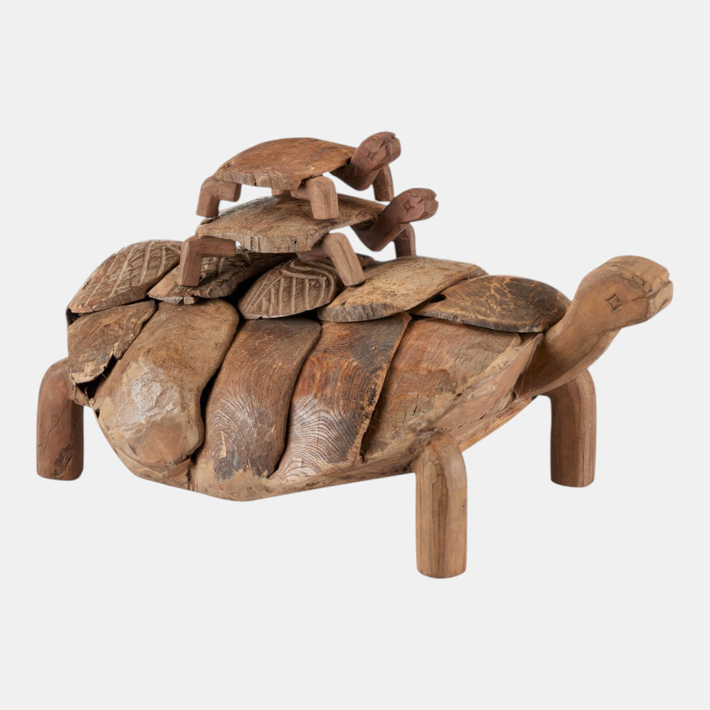 Citrine Home set of two primitive turtle sculptures crafted from reclaimed wood with a whimsical stacked design.