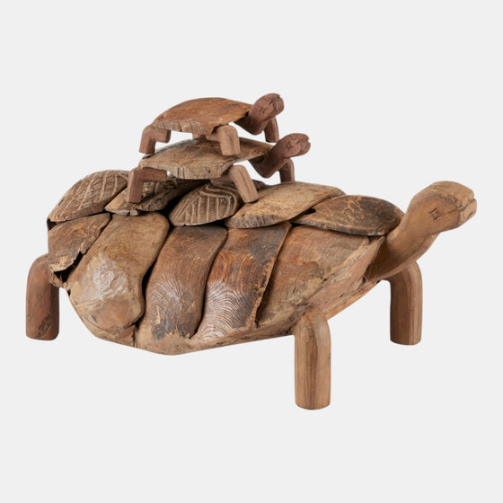 Citrine Home set of two primitive turtle sculptures crafted from reclaimed wood with a whimsical stacked design.